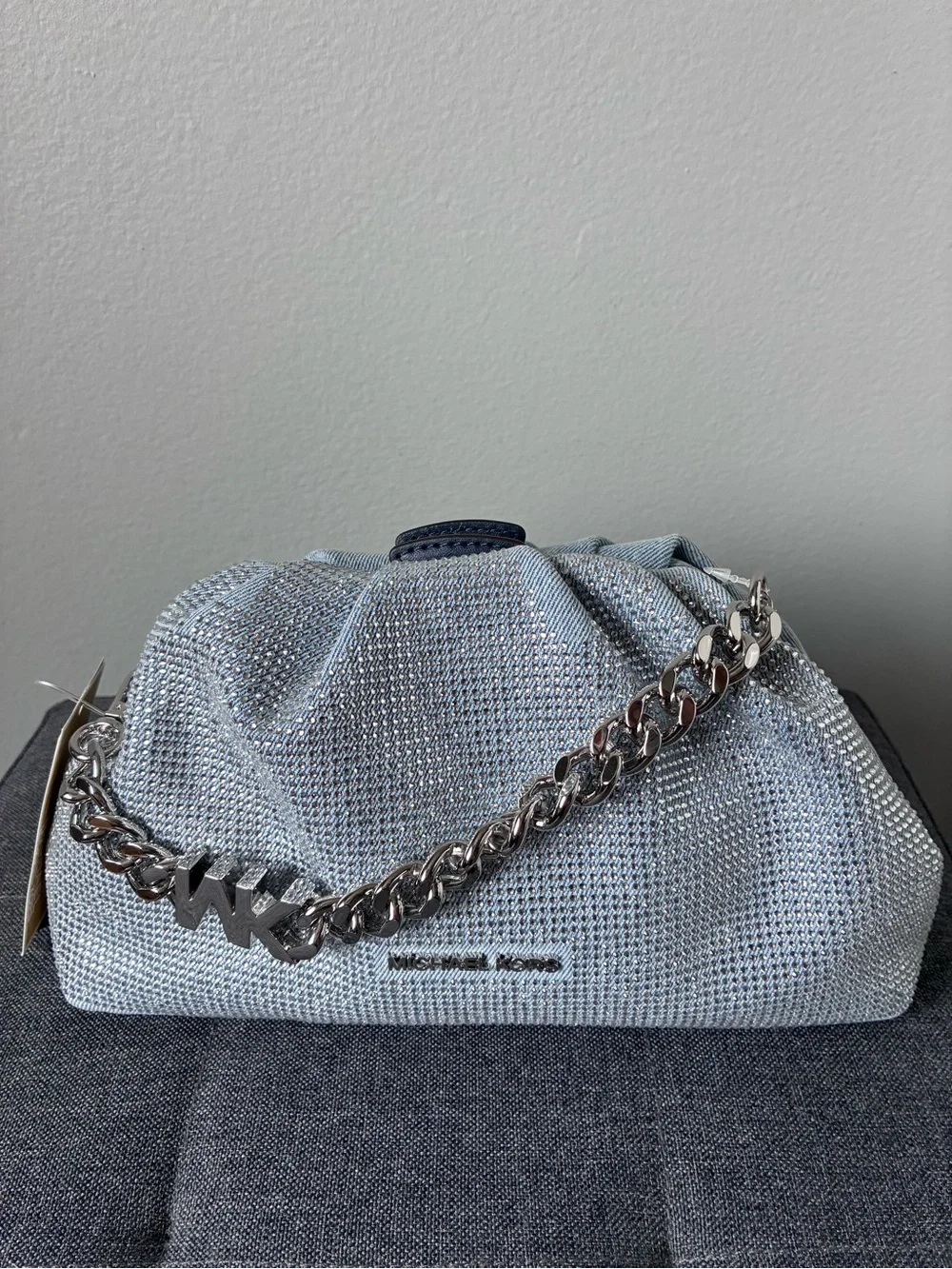 MICHAEL KORS Embellished Denim Blue Chain-Detail Crossbody Bag